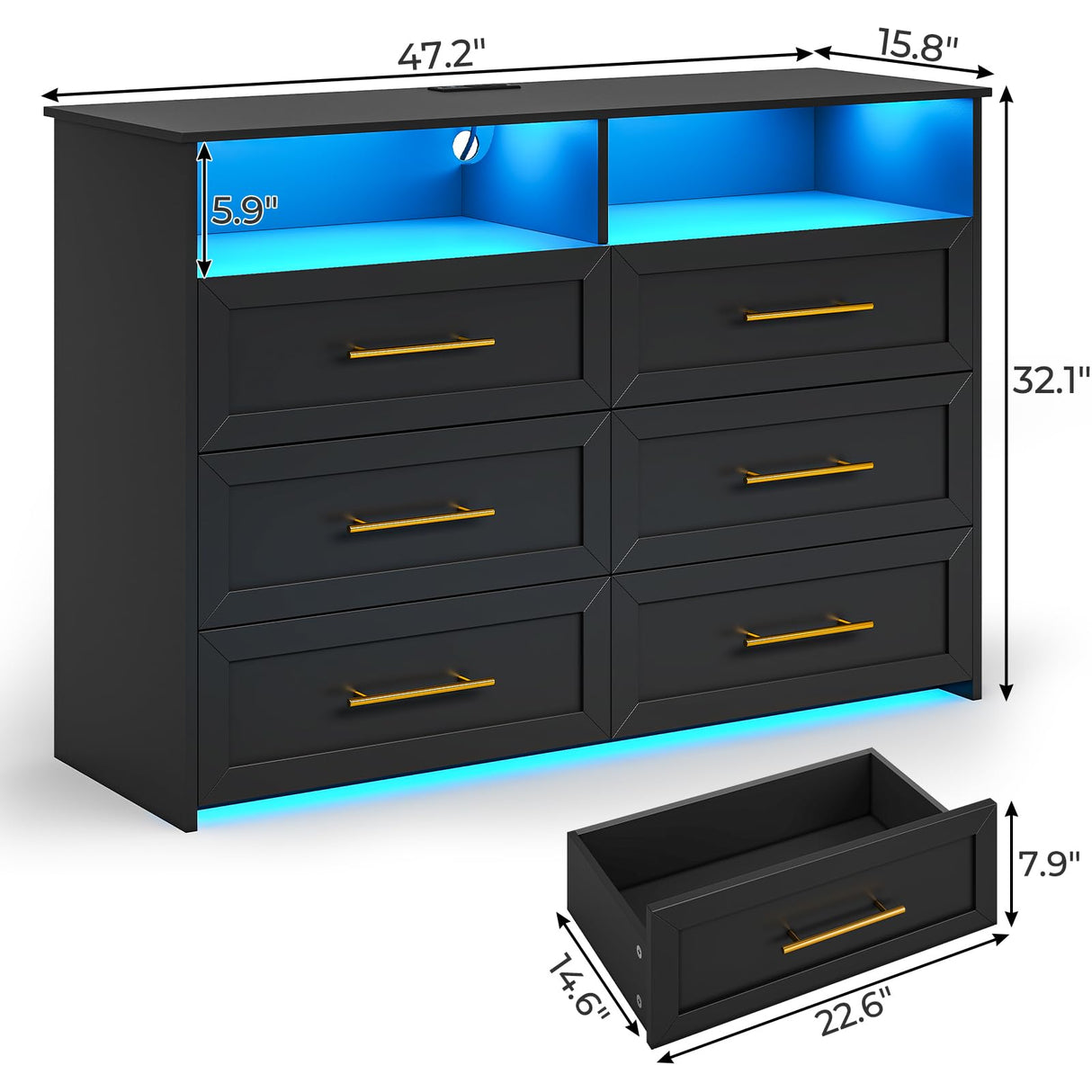 MSmask Black Dresser with LED Lights and Charging Station, Chest of 6 Drawers for Bedroom, Wood Dressers with Open Storage, Closet Organizer for Bedroom, Living Room, Entryway MSmask