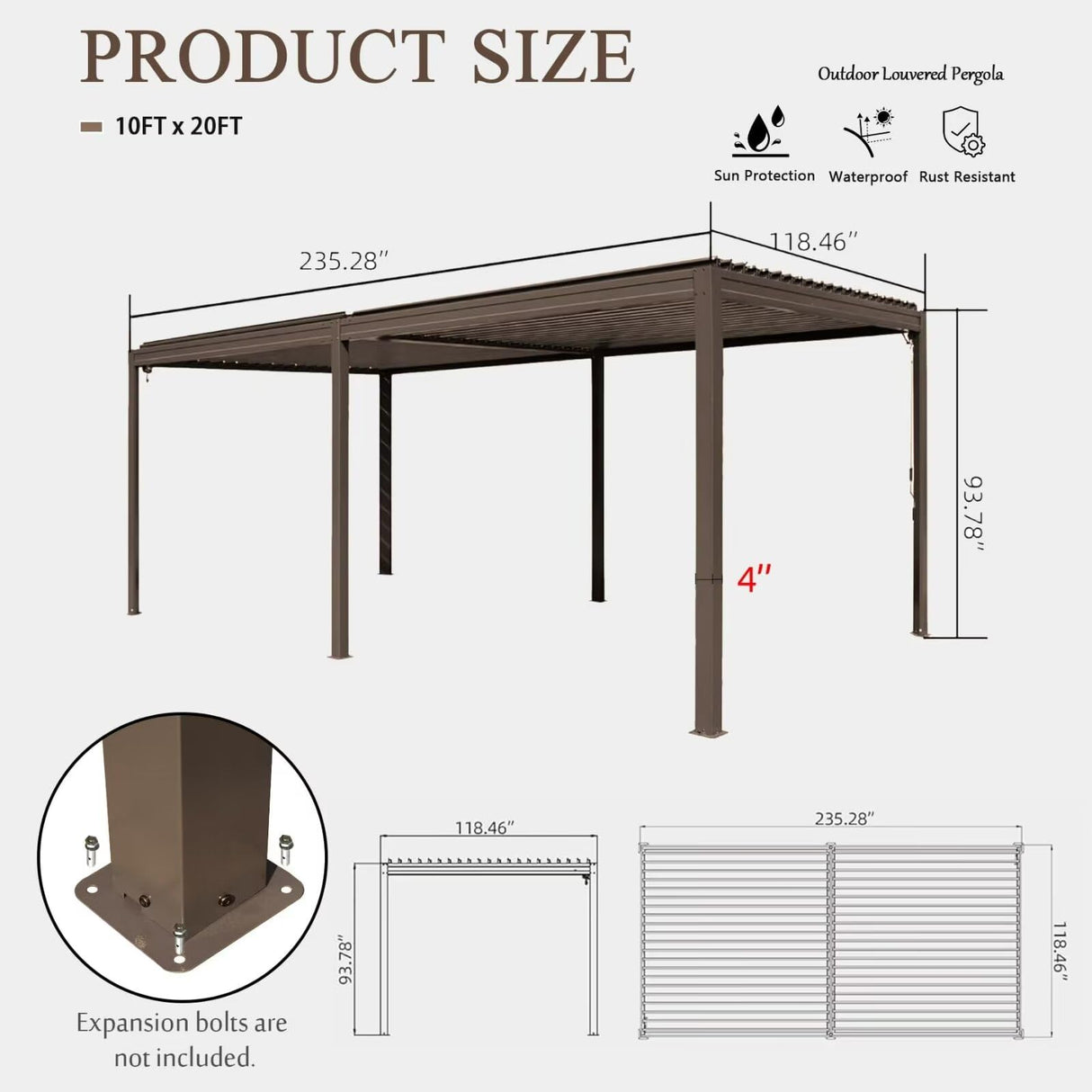 Domi Outdoor Louvered Pergola 10x20FT with Adjustable Steel Roof, Outdoor Aluminum Frame Rainproof Pergola for Backyard, Garden and Lawn,Brown domi outdoor living