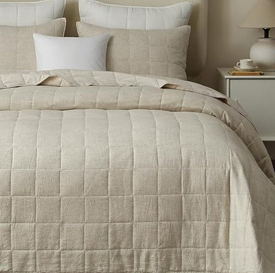 Powdion French Linen Quilt King, Pre-Washed Linen Front and Cotton Back European Comforter, Lightweight Breathable Cotton Quilt King Size for All Season, 3 Pcs Box Stitch Beige King Quilt