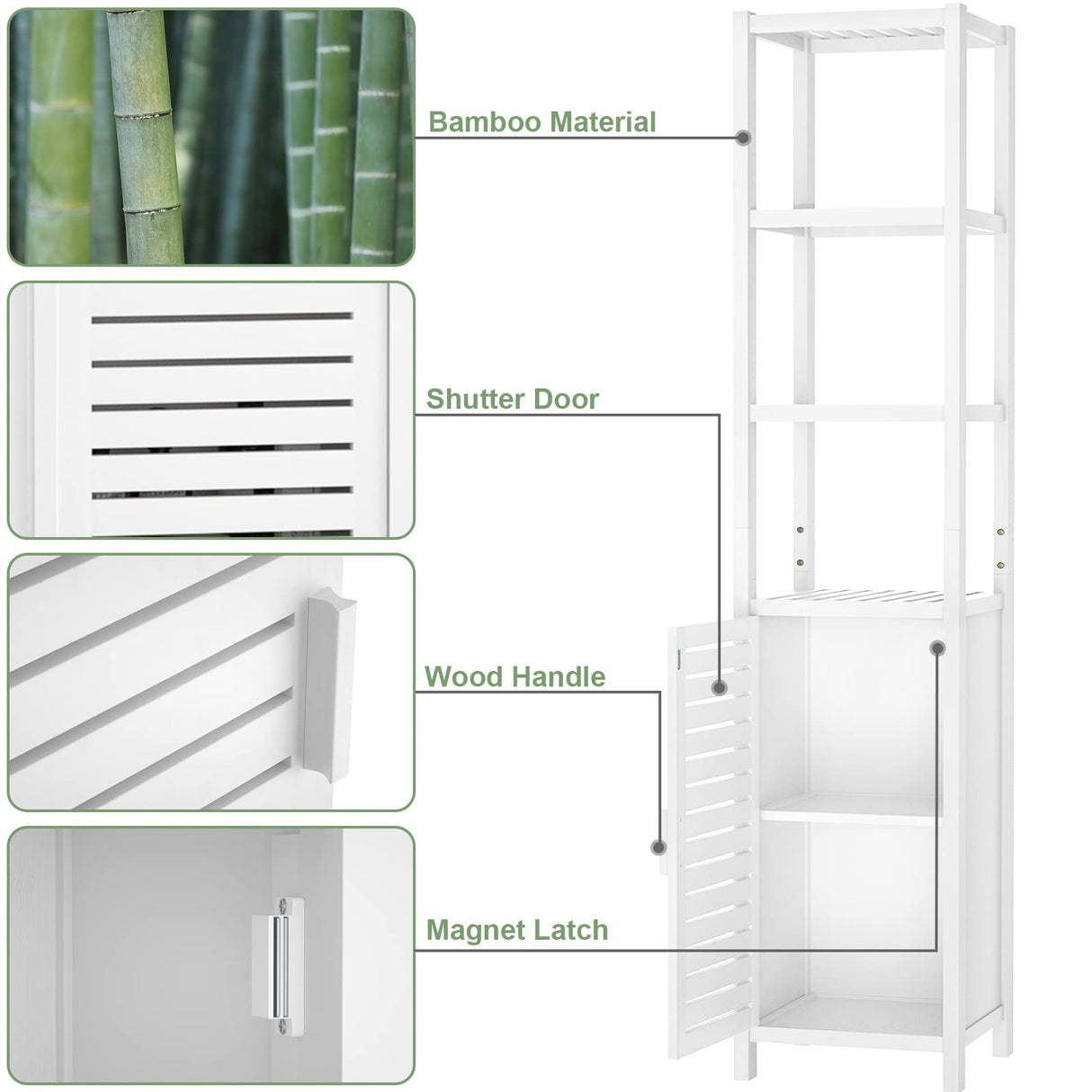 Homykic Bamboo Narrow Bathroom Storage Cabinet, 6-Tier 67 Inch Tall Floor Standing Slim Cabinet Organizer with Shutter Door and Open Shelves for Kitchen, Living Room, Corner, White Homykic