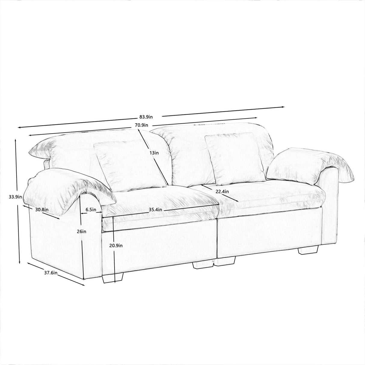 83.9-Inch Oversized 2 Seaters Cloud Couch Velvet Upholstered Deep Seat Loveseat Sofa Couch for Home Apartment Living Room Bedroom, Modern Love Seat Sofa with Fluffy Pillow Armrests and Storage Space ERYE