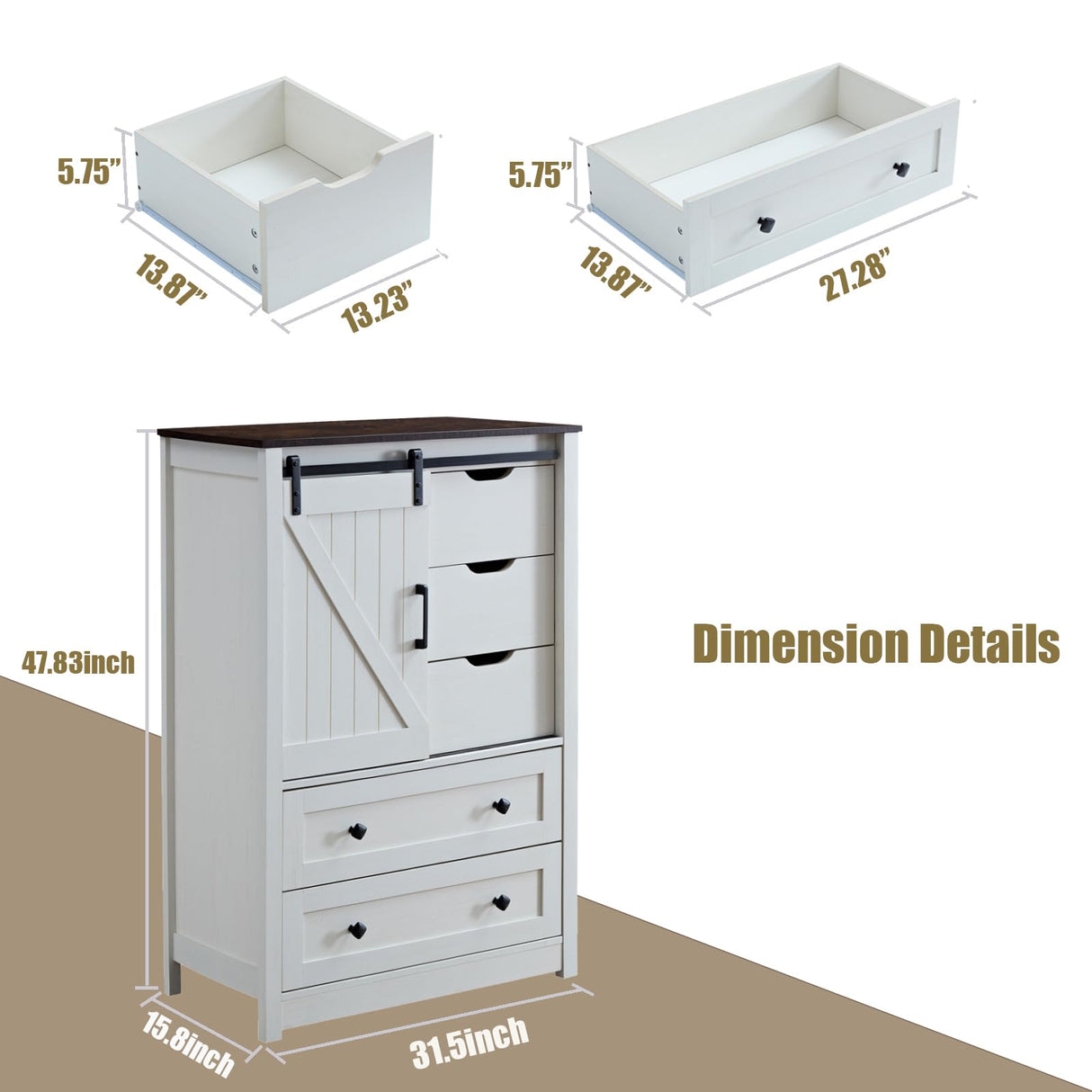 BOSHIRO White Dresser for Bedroom with 5 Drawers, 48" Tall Dresser w/Sliding Barn Door, Farmhouse Dresser 5 Chest of Drawers for Bedroom, Hallway, Living Room, Dining Room, Antique White BOSHIRO