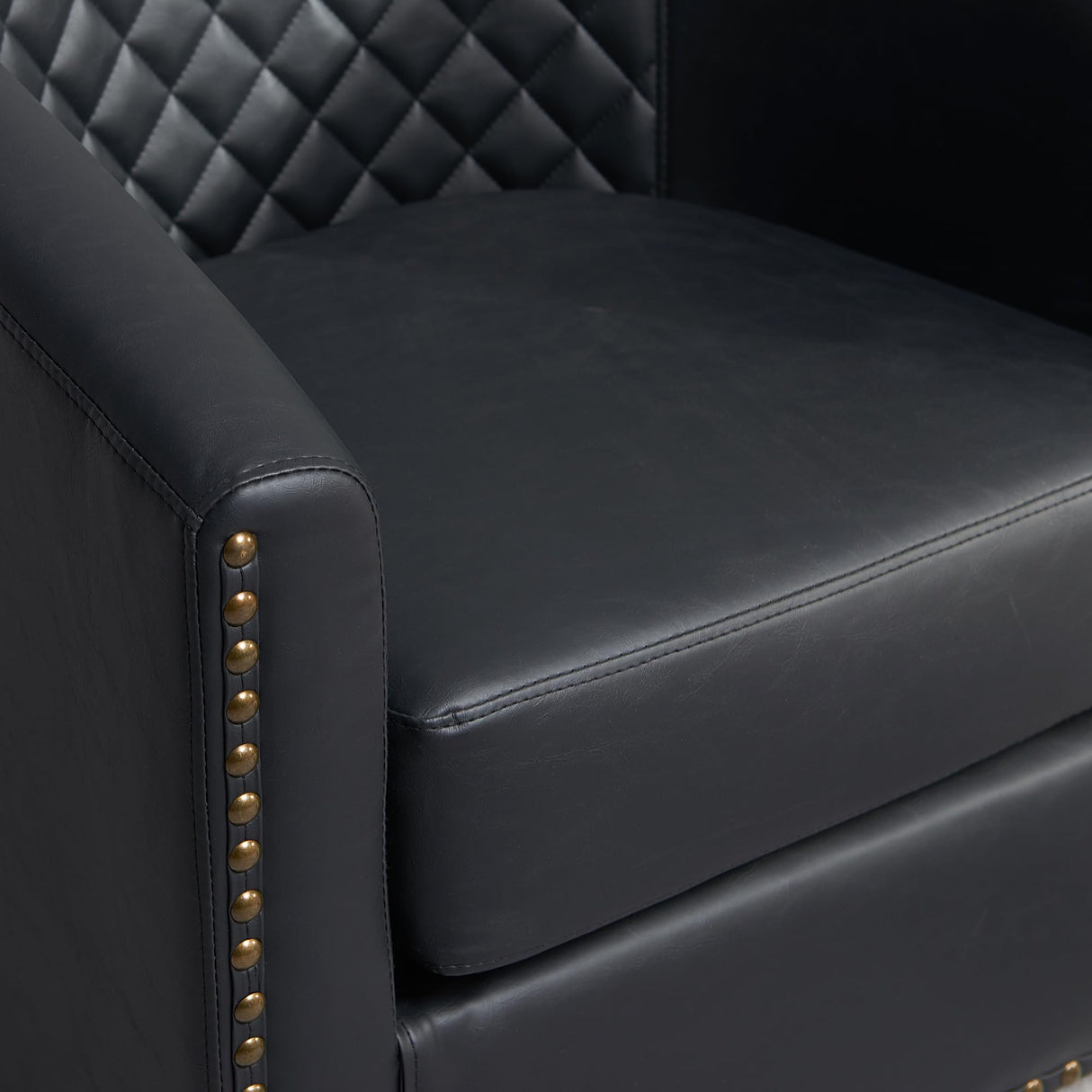 KINWELL 29" Wide Tufted Faux Leather Swivel Barrel Chair, PU Leather Modern Upholstered Accent Chairs with Nailhead Trim, Small Armchair for Living Room Bedroom, Black KINWELL