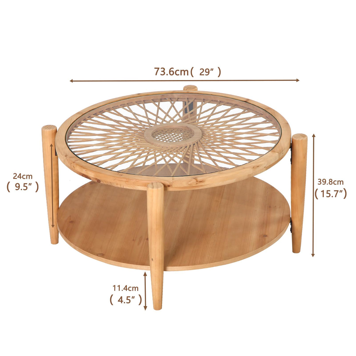 RUSTOWN Rattan Round Coffee Tables, 2-Tier Sofa Table with Rattan & Tempered Glass Top and Wood Legs, Accent Side Coffee Table for Living Room(Natural) RUSTOWN