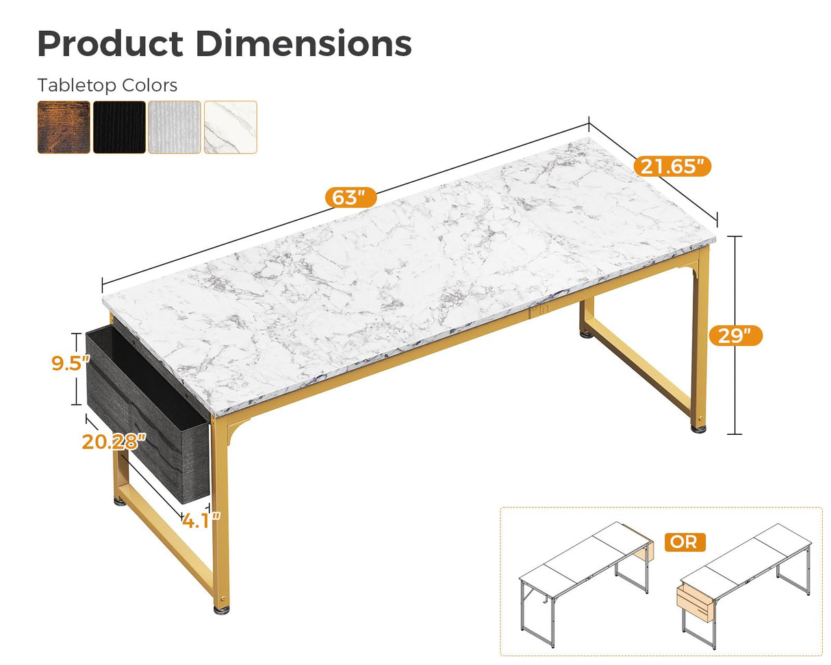 ODK Computer Desk Large Office Desk, 63 Inch Gaming Desk with Storage, Modern PC Desk Work Table with Headphone Hook for Home Office, Splice Board, White Marble + Gold Leg ODK