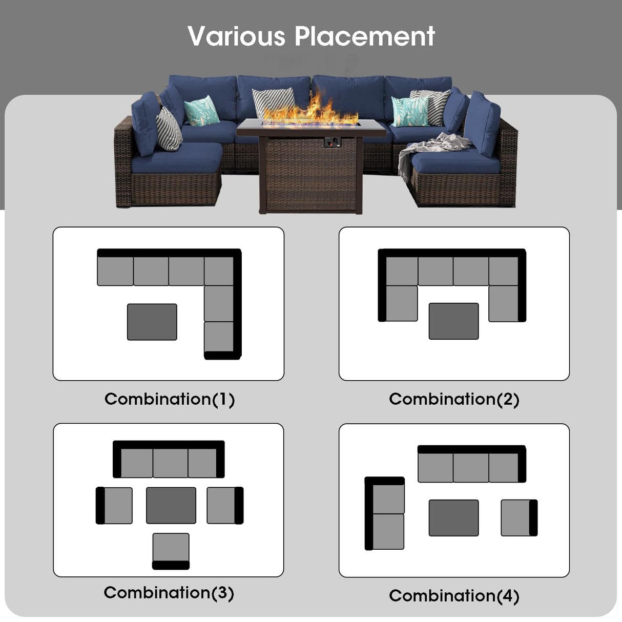 Grezone Patio Furniture Set,7 Piece Patio Furniture Set with Fire Pit Table,PE Wicker Rattan Sectional Sofa Patio Conversation Set with Thickened Cushions, Blue Grezone