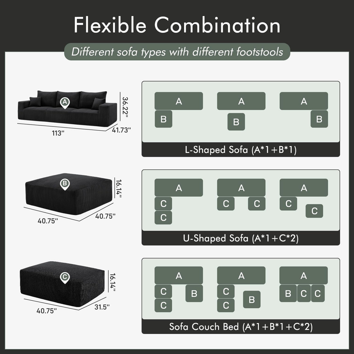 Boneless Sectional Cloud Couch Sofa for Living Room, 112" U-Shaped Modular Modern Lounge Sleeper Black Couches with Chaise, No Assemble, Cordury Compression Upholstered Sofas Gericco