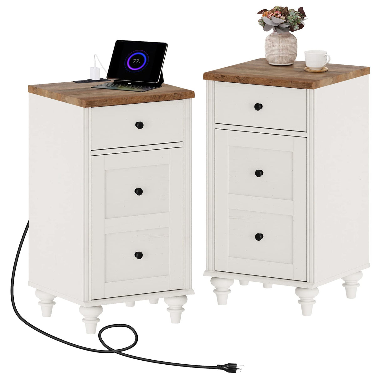 WAMPAT Set of 2 End Table with Charging Station, Wood Nightstands with Drawer and Storage Cabinet, Modern Side Tables Living Room Set of 2, Farmhouse Night Stands Bedside Table for Bedroom, White WAMPAT