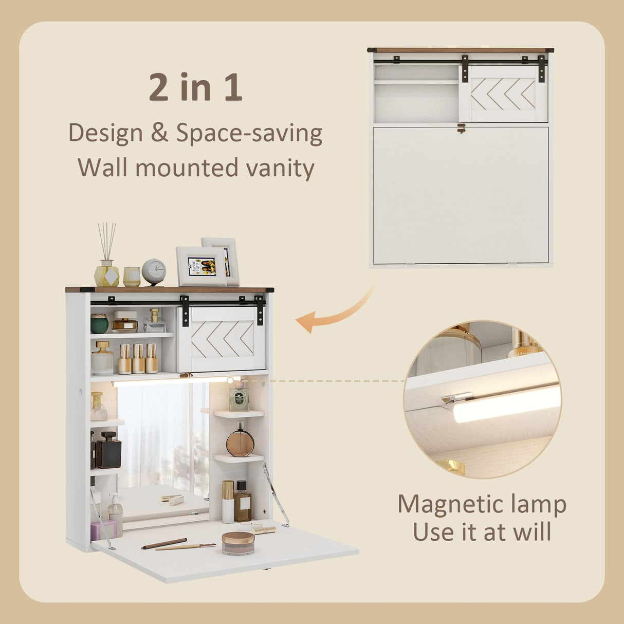 ARTETHYS Floating Vanity Desk with Mirror and Lights Small Wall Mounted Makeup Set with Storage White Farmhouse Dressing Table for Tiny Space ARTETHYS
