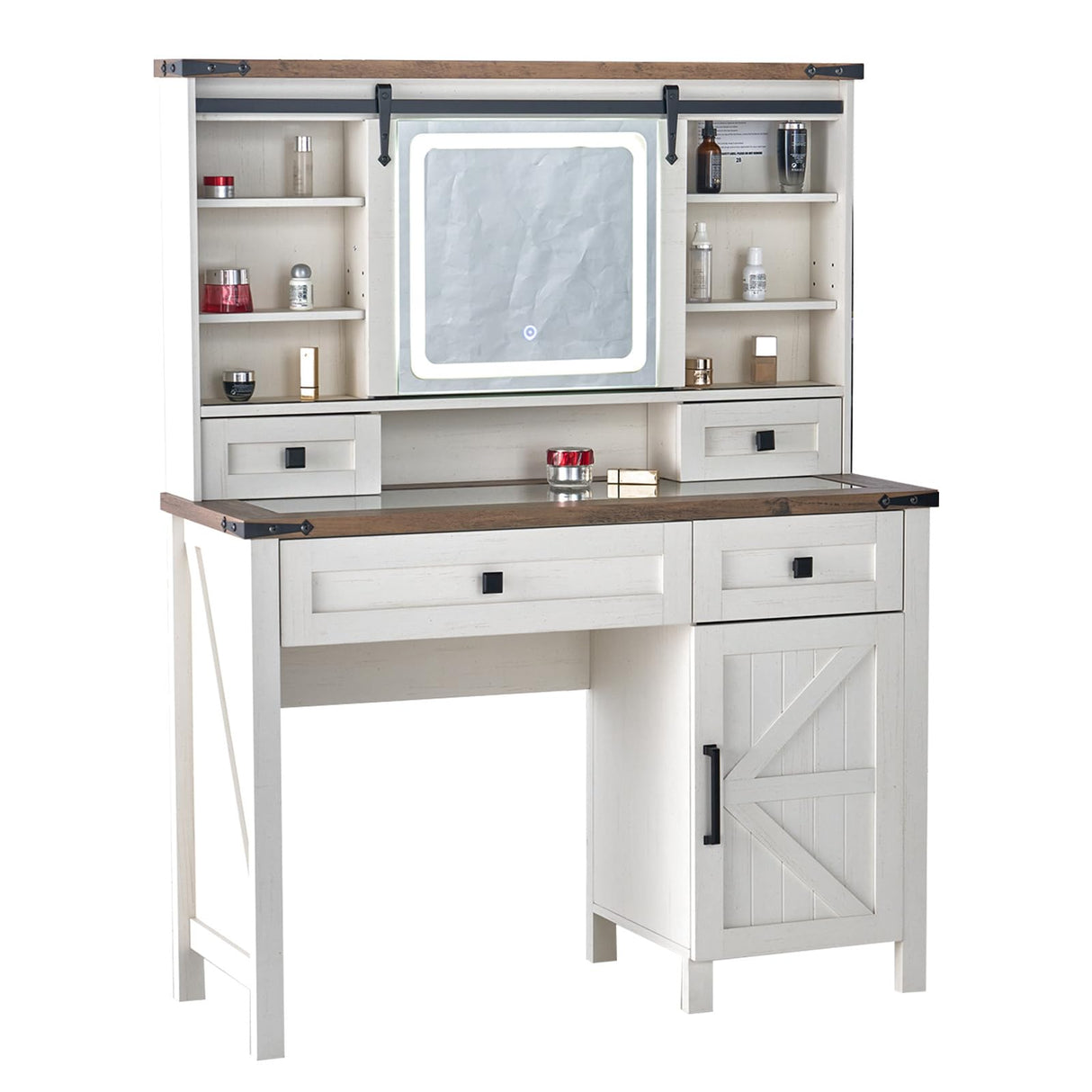 AMERLIFE 42'' Farmhouse Makeup Vanity Desk with Sliding Mirror and Lights, Glass Tabletop Vanity Table with 2 Drawers & Shelves for Bedroom(NO Bench), Antique White AMERLIFE