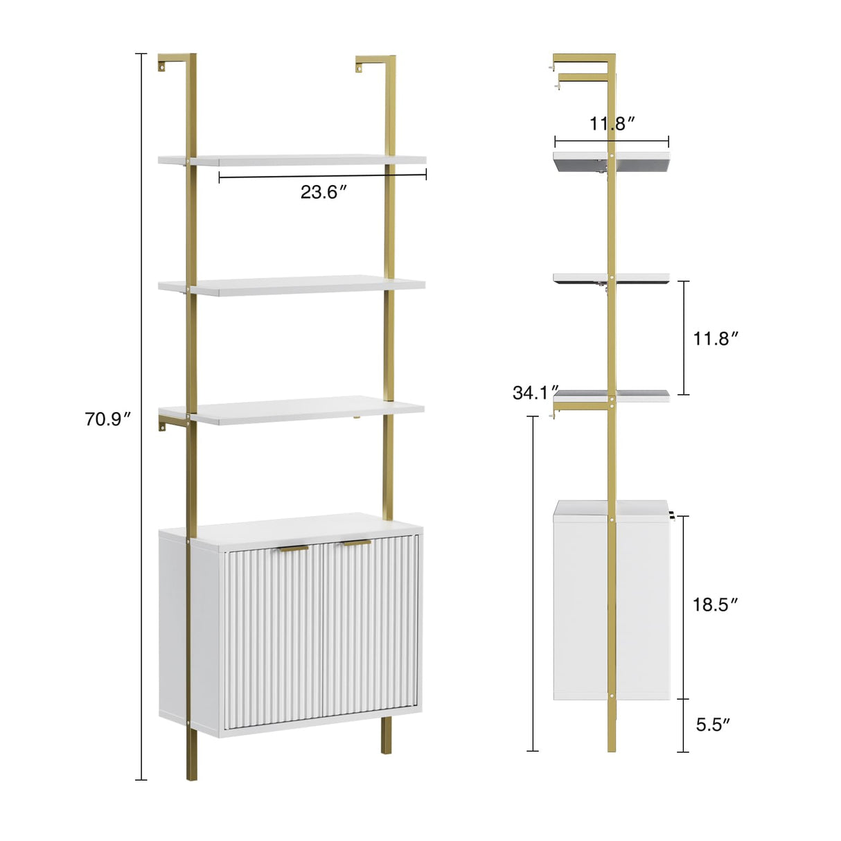 3 Tier White & Gold Ladder Shelf with Storage Cabinet, Modern Ladder Bookshelf with Doors, Wall Mount Bookcase with Metal Frame, Display Shelves for Living Room, Bedroom, Bathroom, Home Office Halitaa