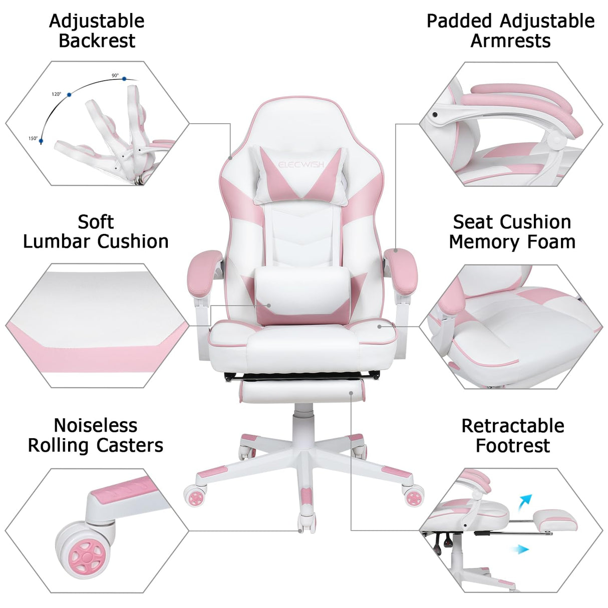 ARTETHYS Gaming Chair, Ergonomic High Back Racing PU Leather Computer Chair with Adjustable Footrest, Headrest and Lumbar Support and 90 to 150 Degree Tilt Pink ARTETHYS