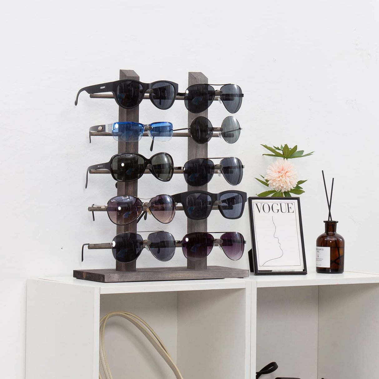 MyGift Sunglasses Display Stand, Vintage Gray Wood Tabletop Eyeglass Storage Rack, Holds up to 10 Pairs of Eyewear MyGift