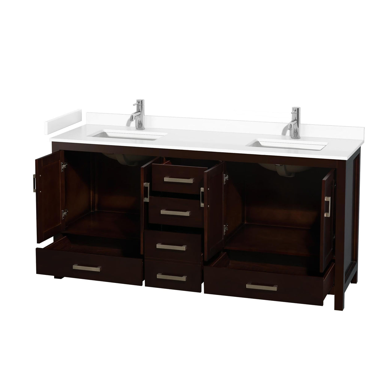 Sheffield 72 Inch Double Bathroom Vanity in Espresso, White Cultured Marble Countertop, Undermount Square Sinks, No Mirror Wyndham Collection