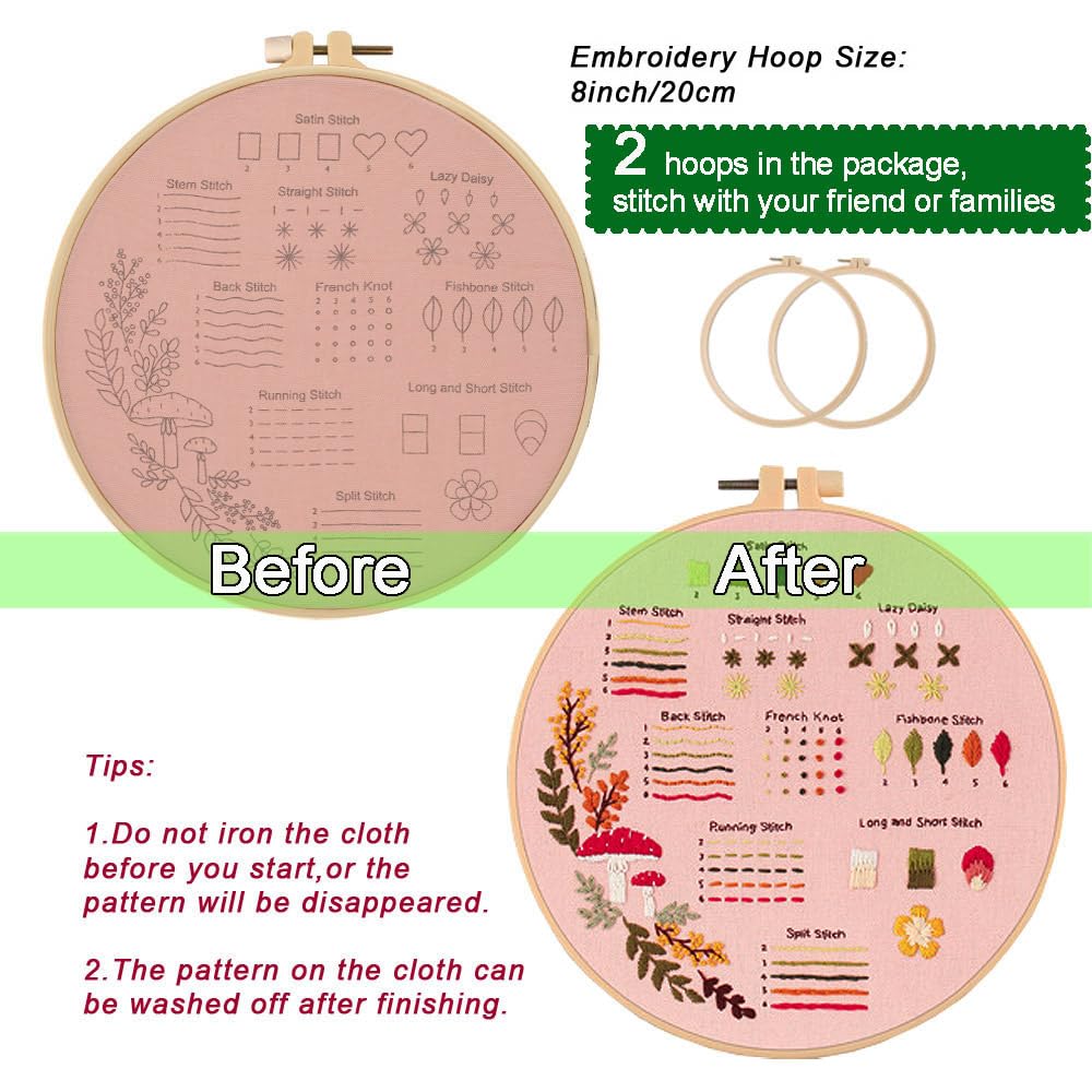 Sutesloly 4 Sets Beginner Embroidery Kits for Adults,Learn Plant Flower Simple Hand Embroidery Starting Sets with Patterns,Basic Easy Stitch Floral Mushroom Learn Embroidery Starter Practice Kit Sutesloly