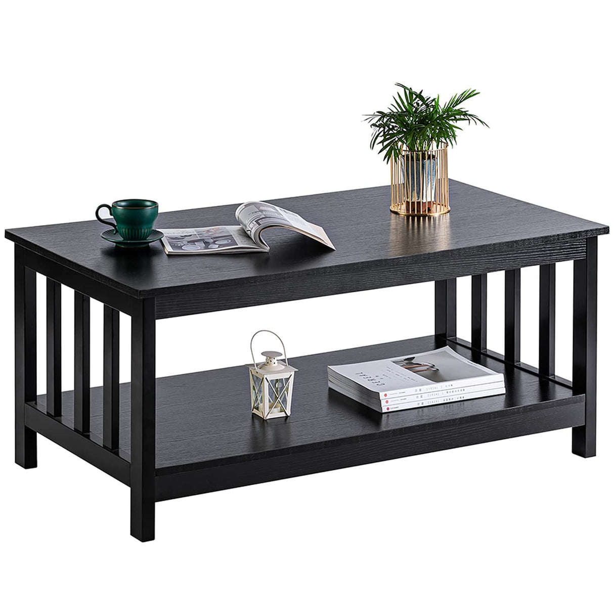 ChooChoo Mission Coffee Table, Black Wood Living Room Table with Shelf, 40 Black ChooChoo