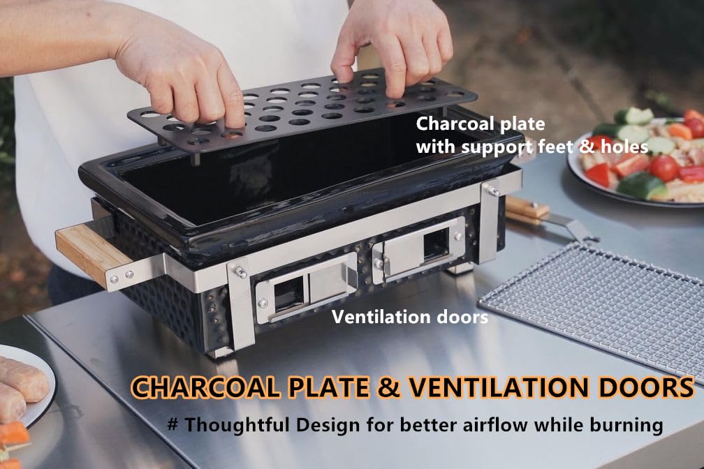 Onlyfire Charcoal BBQ Grill Hibachi Grill with Grid Lifter, Portable Yakitori Grill with Stainless Steel Grill Grate, BBQ Grill for Outdoor Camping Picnic Patio Backyard Cooking, 16 x 9 In Black ONLYFIRE GRILLS