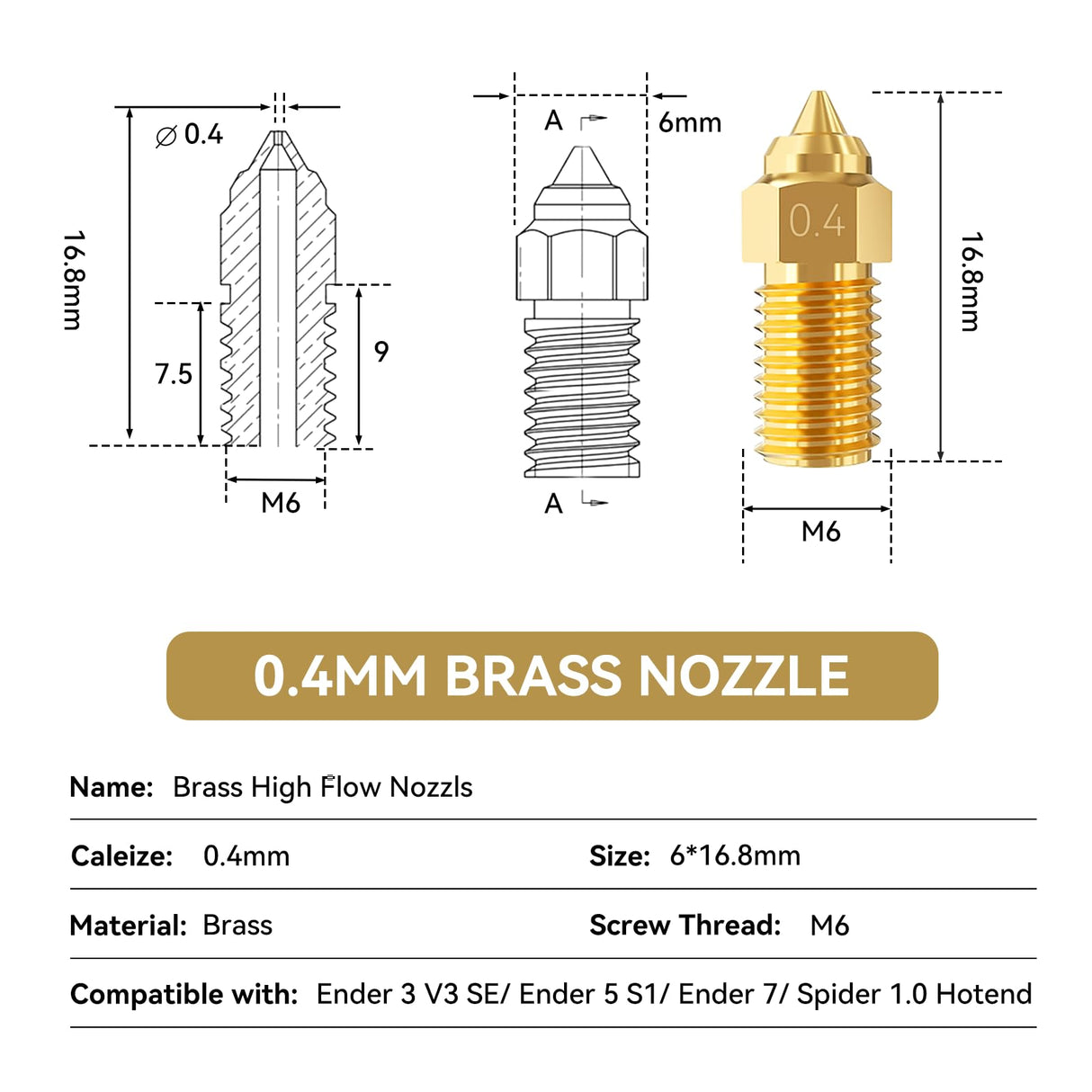 CCTREE 10PCS 0.4mm Ender 3 V3 SE Brass Nozzles Kit, 3D Printer Parts High Speed M6 0.4mm Nozzles Kit for Creality 3D Printer Ender 3 V3 SE, Ender 5 S1, Ender 7, Spider 1.0 Hotend CCTREE