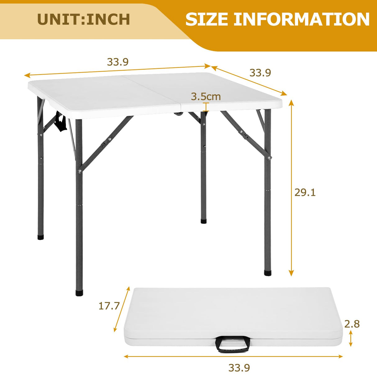 34" Square Plastic Folding Card Table, Portable Outdoor Dining Table with Collapsible Legs and Carrying Handle,Plastic Tables for Camping,Picnic, Office, Party, White PayLessHere
