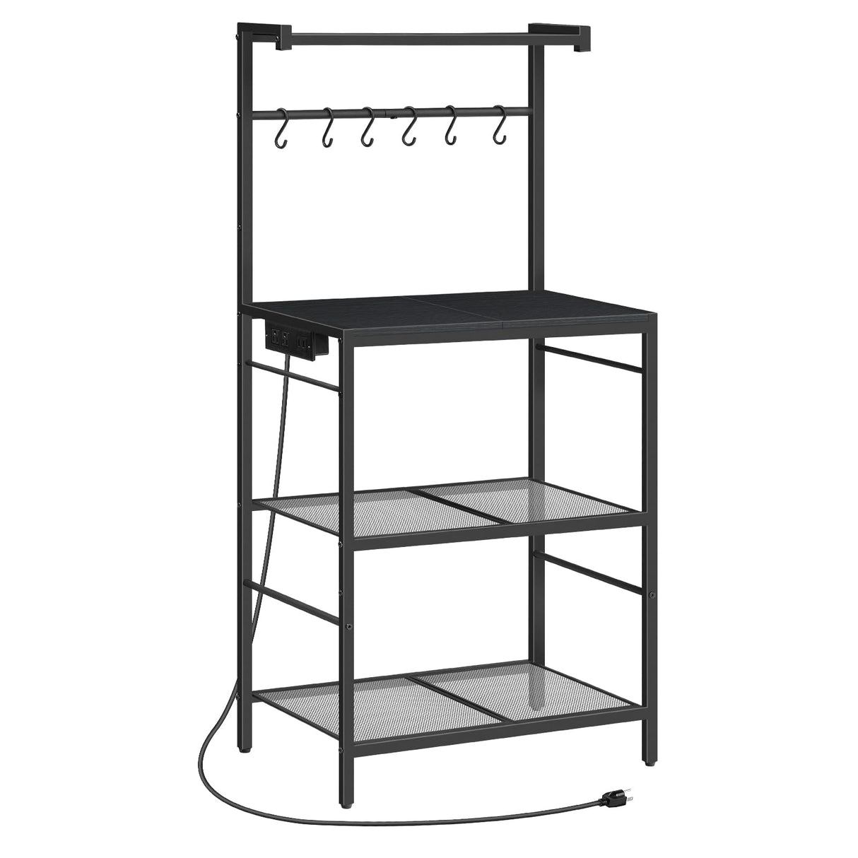 MAHANCRIS Bakers Rack with Charging Station, Microwave Stand with 6 S-Shaped Hooks, 4-Tier Storage Rack, Multifunctional Coffee Bar, for Kitchen, Dining Room, Charcoal Gray and Black BRHT35E01N1 MAHANCRIS