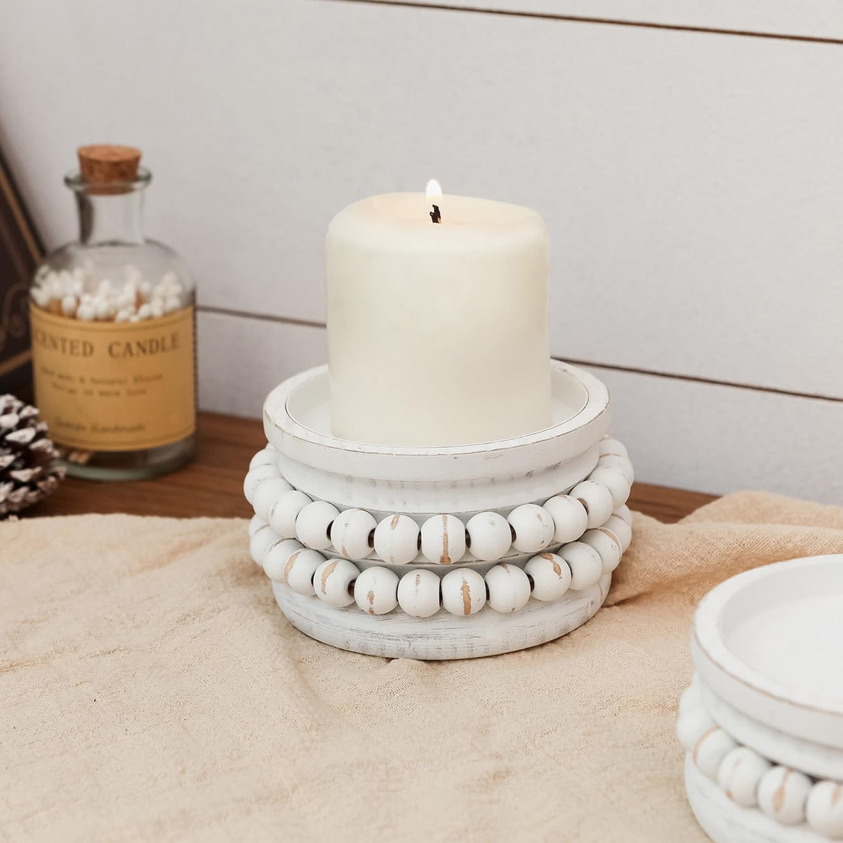 NIKKY HOME Farmhouse Beaded Wooden Candle Holders Set of 2, Rusitc Solid Wood Pillar Candlesticks Pedestal, Fireplace Mantle Table Centerpiece Decor, Distressed White NIKKY HOME