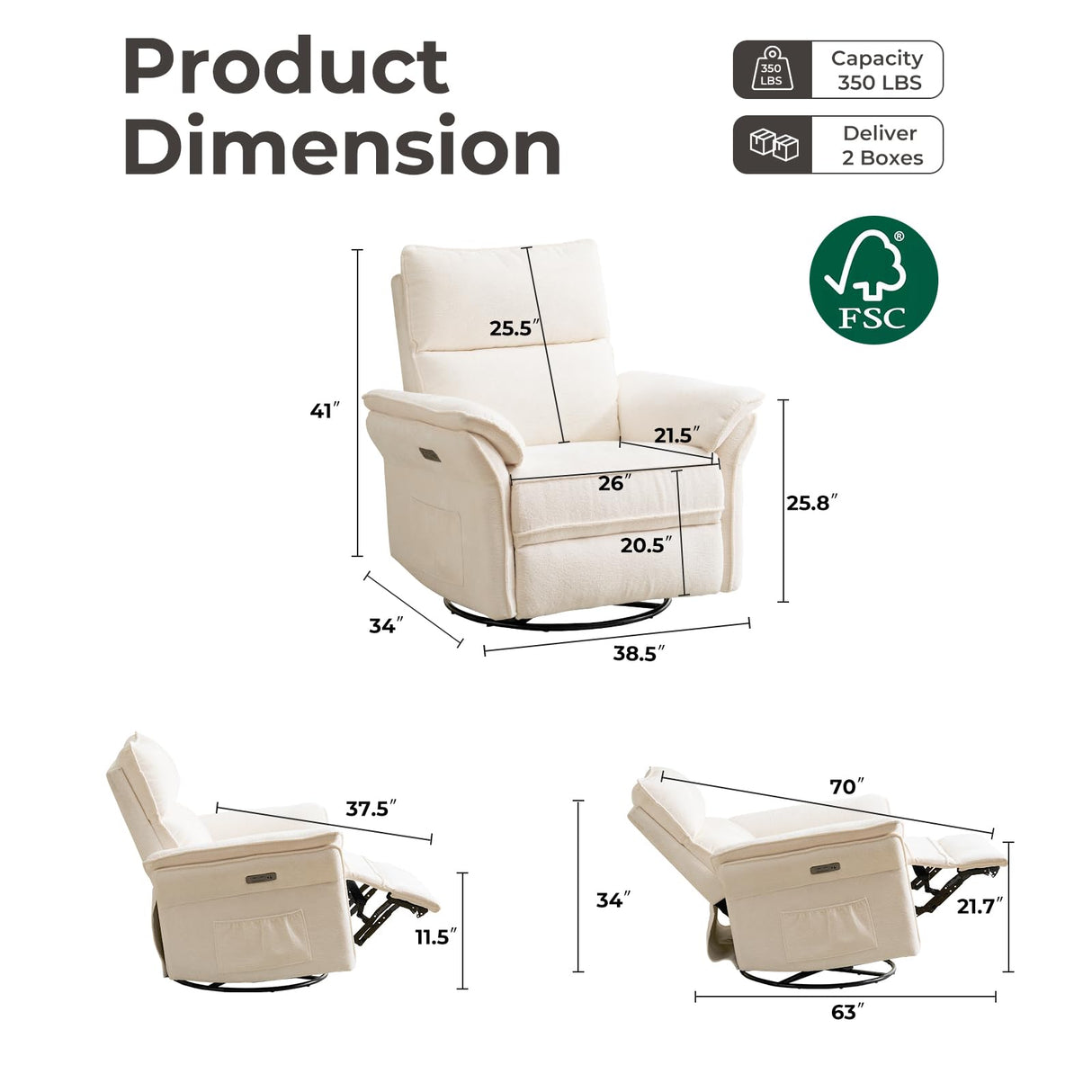 Oversized Power Recliner Chairs for Adults with Massage and Heat, Power Swivel Rocker Recliner Chair with Adjustable Headrest, 26" Extra Wide Rocker Nursery Recliner with USB Port, White RUTOX