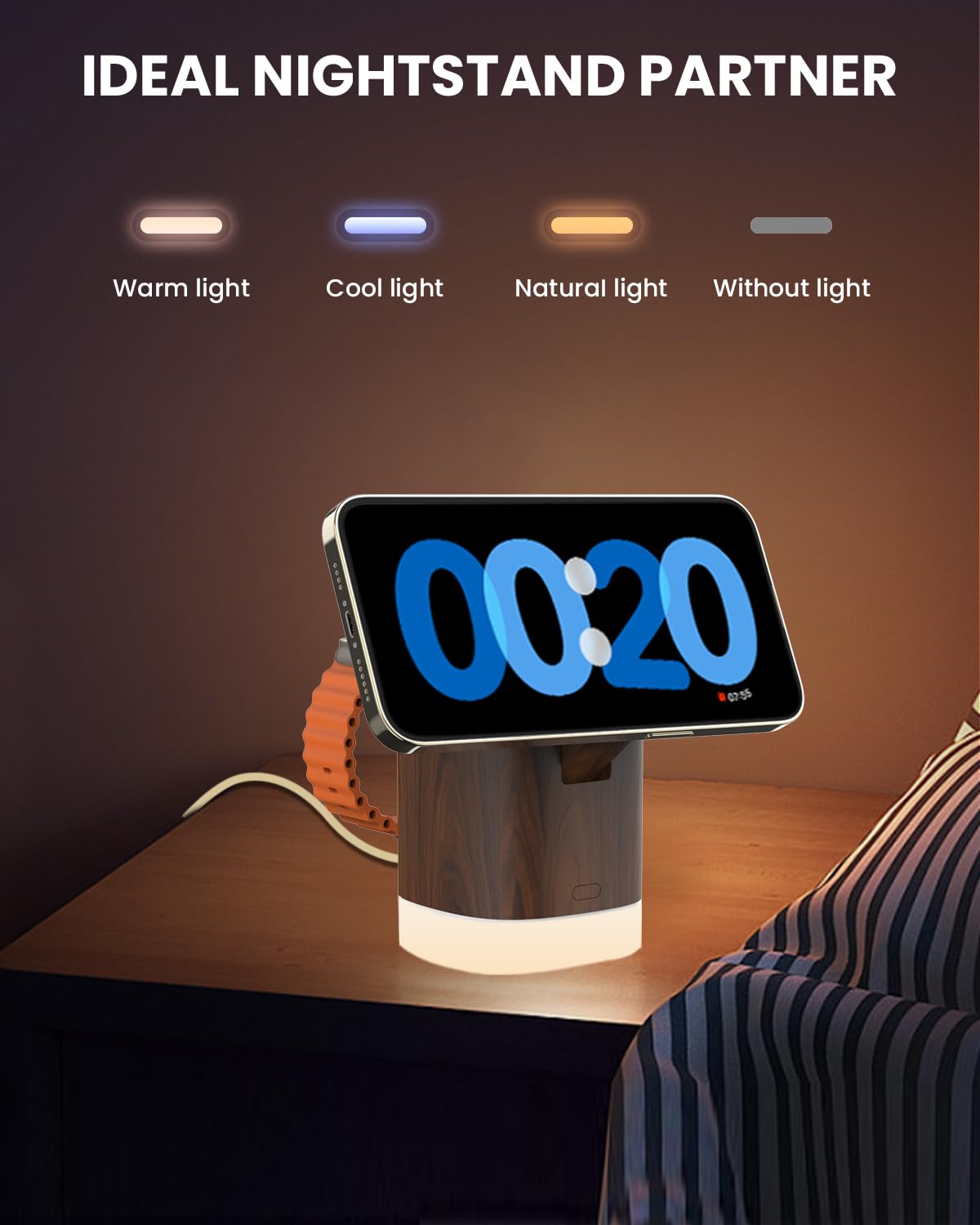 JoyGeek 3-in-1 Charger Stand for Magsafe: Foldable Wireless Charging Station with Night Lights - Magnetic Charger Dock for iPhone 15/14/13/12 Pro/Max/Plus, AirPods, Apple Watch 2-9/Ultra (Burly Wood) JoyGeek