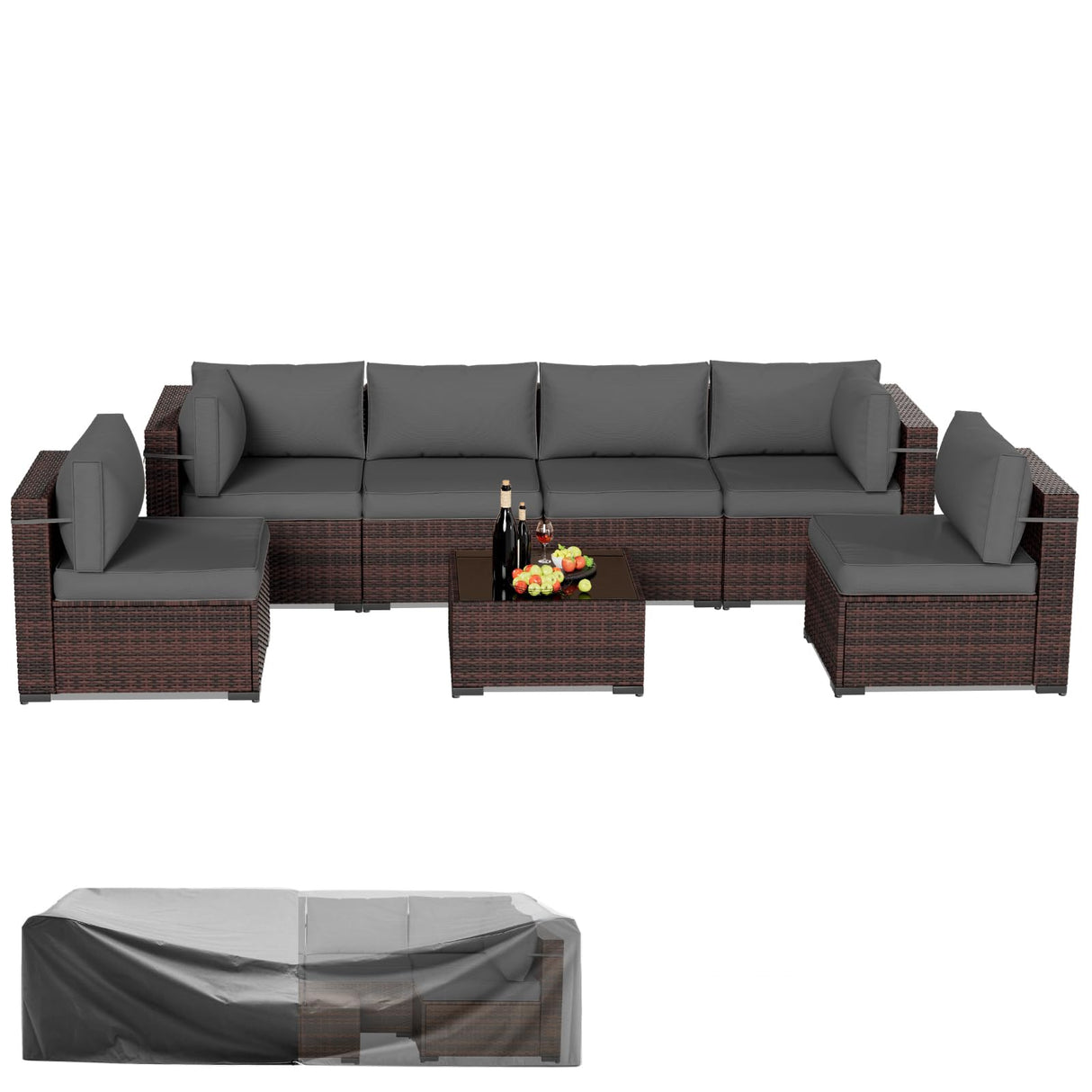 Amopatio Patio Furniture Sets, 7 Pieces Outdoor Rattan Sectional Sofa Set with Glass Table and Cushions, Wicker Patio Conversation Set for Outdoor Indoor Backyard Lawn Garden Porch (Grey) Amopatio