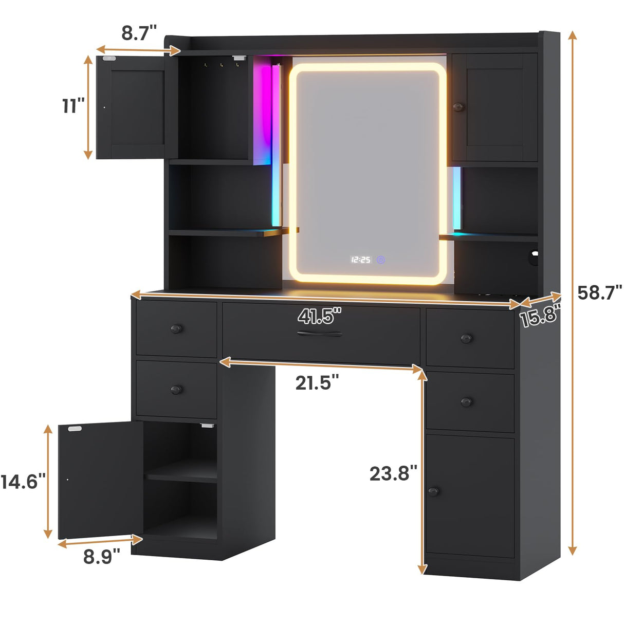 Tiptiper Large Makeup Vanity Desk with Mirror and Lights, Vanity Table with Charging Station & Time Display & Ambient Light, Makeup Table with Drawers & Storage Cabinets, Black Tiptiper