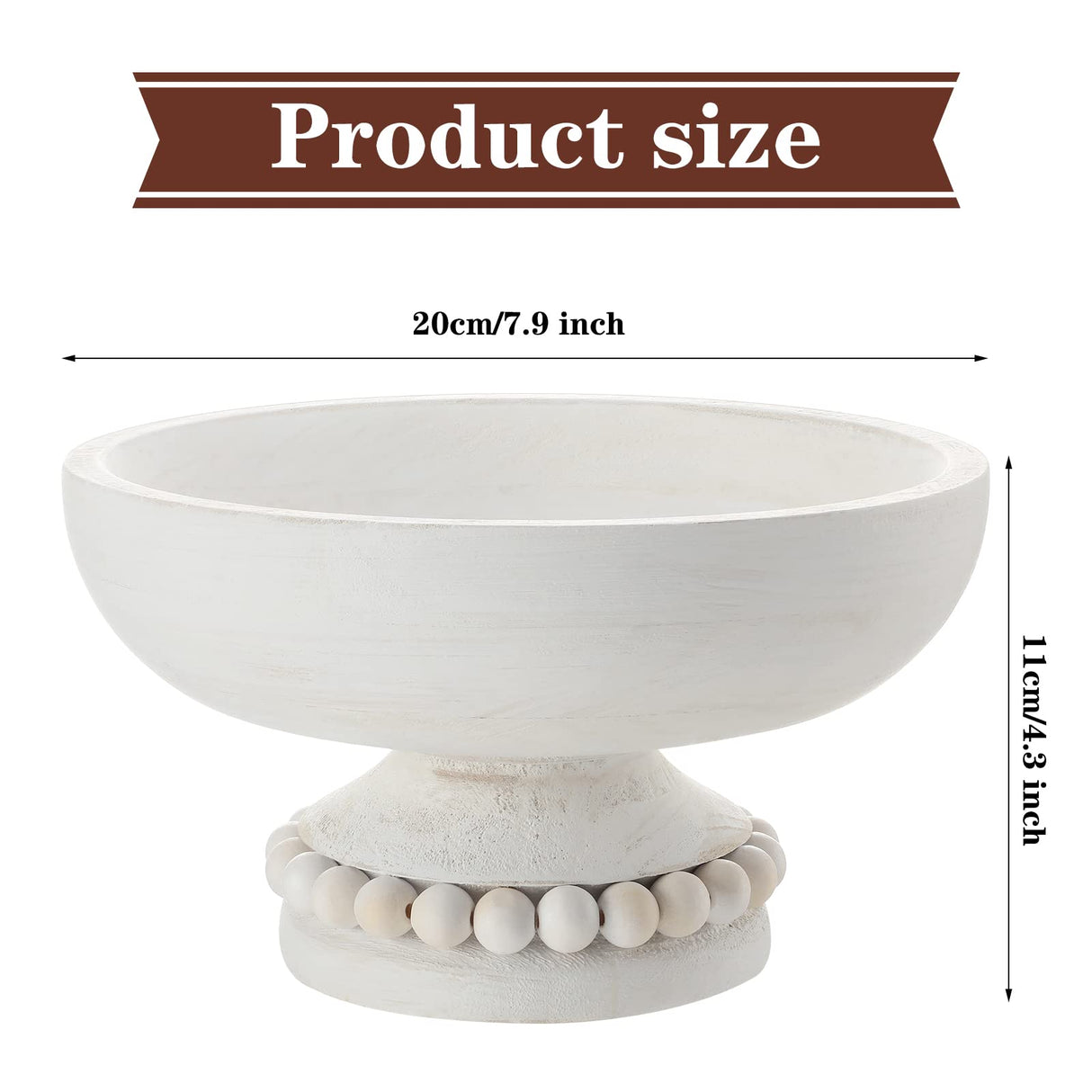 Amyhill Distressed Beaded Wood Pedestal Bowl Decorative Wooden Beaded Bowl Wood Pedestal Bowl Beaded Serving Bowl for Farmhouse Kitchen Decor (White) Amyhill