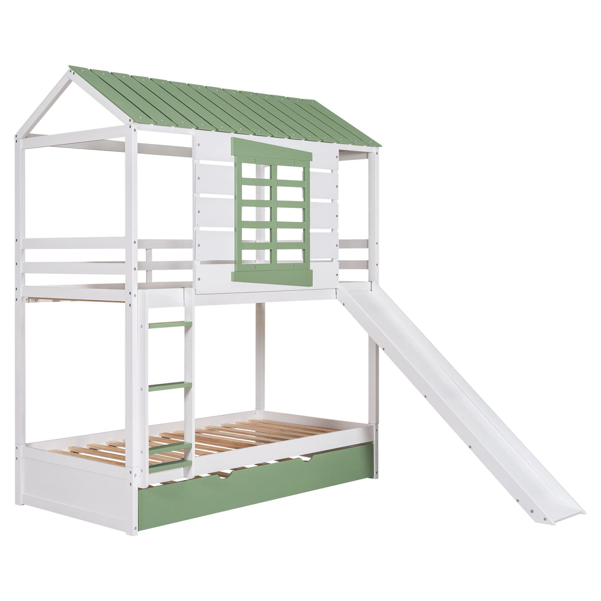 Harper & Bright Designs House Bunk Bed with Convertible Slide and Trundle, Solid Wood Bunk Bed Twin Over Twin, for Kids Girls Boys (White+Green) Harper & Bright Designs