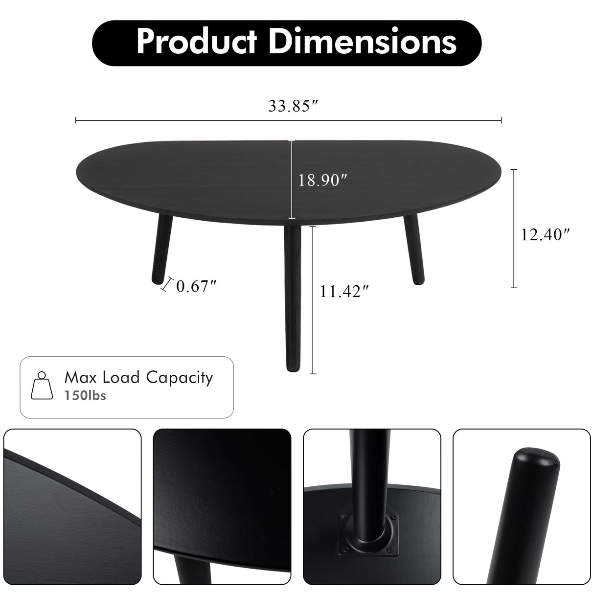 XINNAN Small Oval Coffee Table Mid Century Modern for Living Room, Center Table,Solid Wood Coffee Table,Nature Wood (Black, 18.9" D x 33.85" W 12.4" H) XINNAN