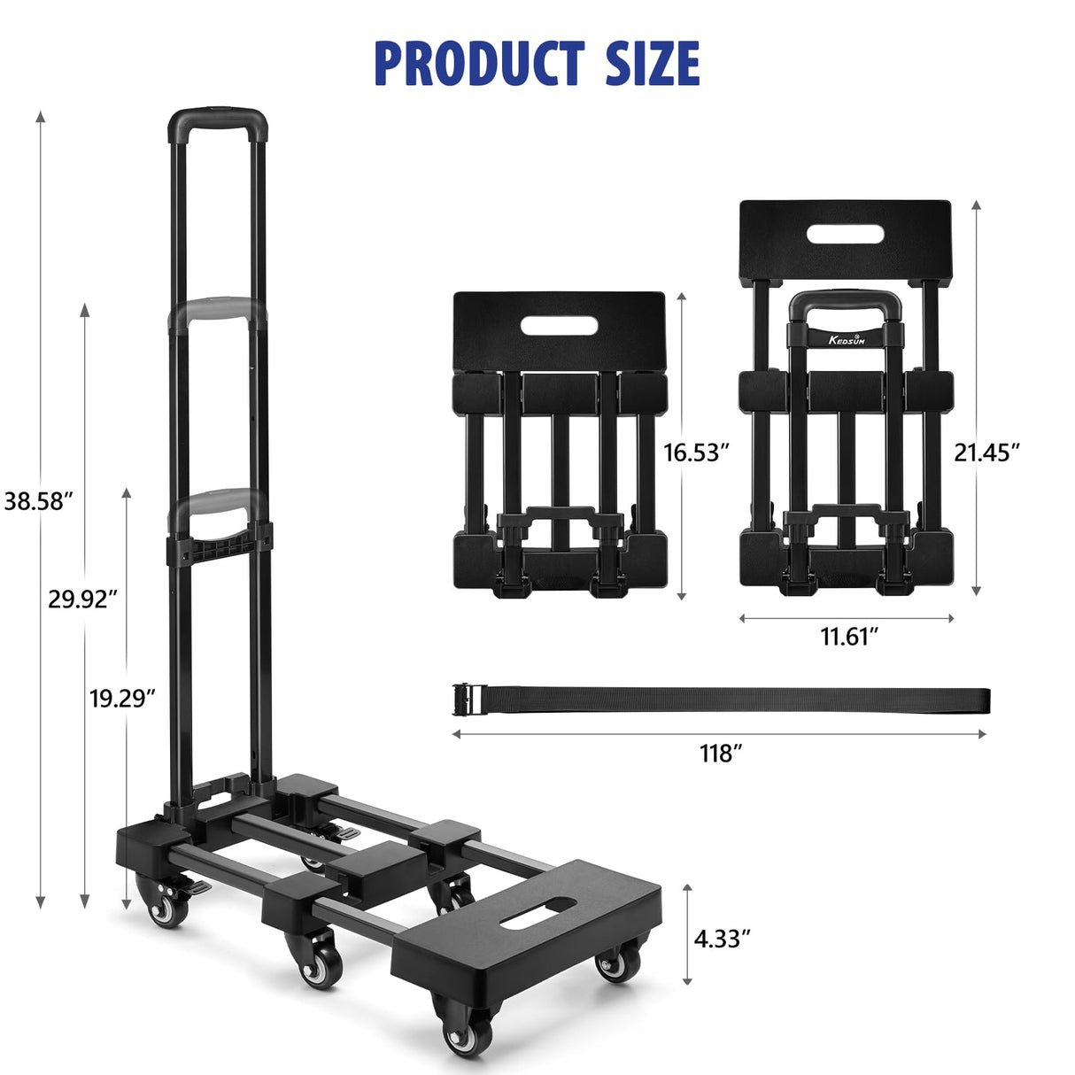 KEDSUM Upgraded Folding Hand Truck, 600lbs Heavy Duty Foldable Dolly Cart, Adjustable Handle Luggage Cart, Utility Cart with 6 Wheels & 2 Lashing Straps for Airport, Travel, Moving, Shopping, Office KEDSUM