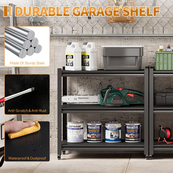 Firstsky Metal Garage Work Bench with Wheels,3-Tier Garage Roling Workbench,Adjustable Black Workshop Bench,Mobile Garage Workstation,Heavy Duty Work Table,33.5''W*17.7''D*31.5”H Tool Table On Wheels Firstsky