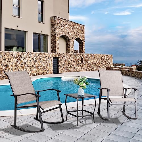 Vongrasig 3 Piece Outdoor Rocking Bistro Set, Textilene Fabric Small Patio Furniture Set, Front Porch Rocker Chairs Conversation Set with Glass Table for Lawn, Garden, Balcony, Poolside (Taupe) Vongrasig