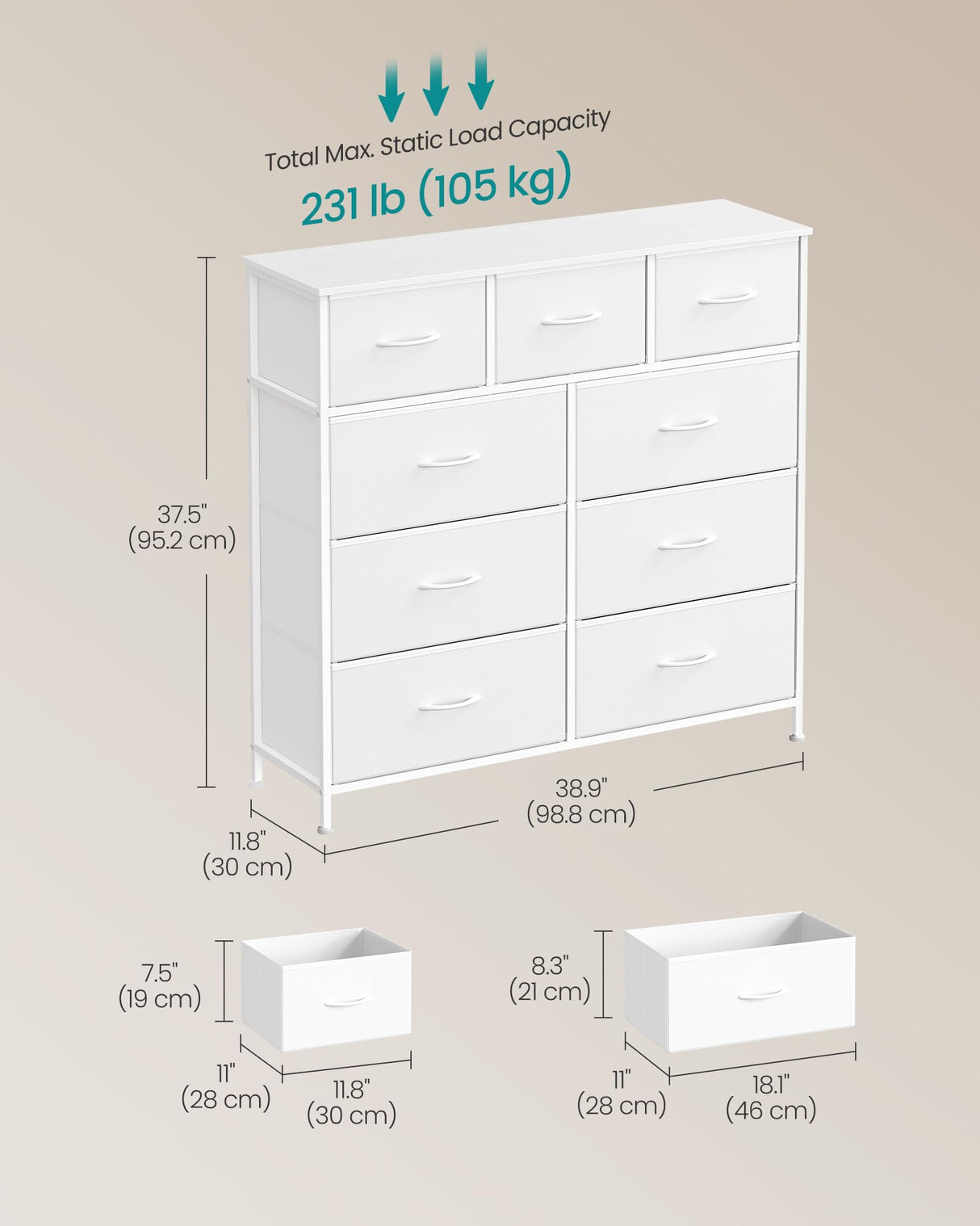 SONGMICS Dresser for Bedroom, Chest of Drawers, Steel, MDF, 9 Non-Woven Fabric Drawers, Storage Organizer Unit, Closet, Entryway, Cloud White and Snow White LGS324W01S SONGMICS