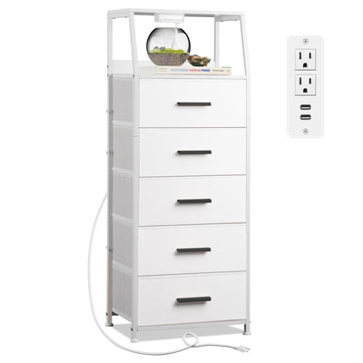 NASHZEN Nightstand 5 Drawer Dresser with Charging Station, Side Table with Fabric Drawers, End Table with Open Shelf, Tall Dresser for Bedroom, Hallway, Entryway
