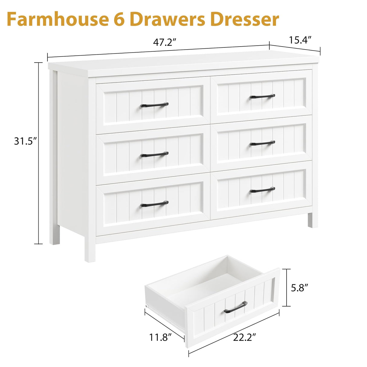 Jocoevol White Farmhouse 6 Drawer Dresser for Bedroom - Large Double Dressers TV Stand with Deep Drawers Dressers for Hallway, Entryway - Off White Jocoevol