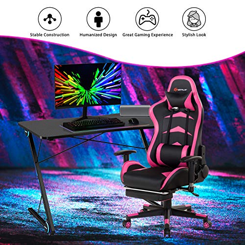 Tangkula Gaming Computer Desk, Z-Shaped Home Office Computer Table with LED Lights & Large Carbon Fiber Surface, Ergonomic Gamer Workstation, Writing Desk for Home Office Tangkula