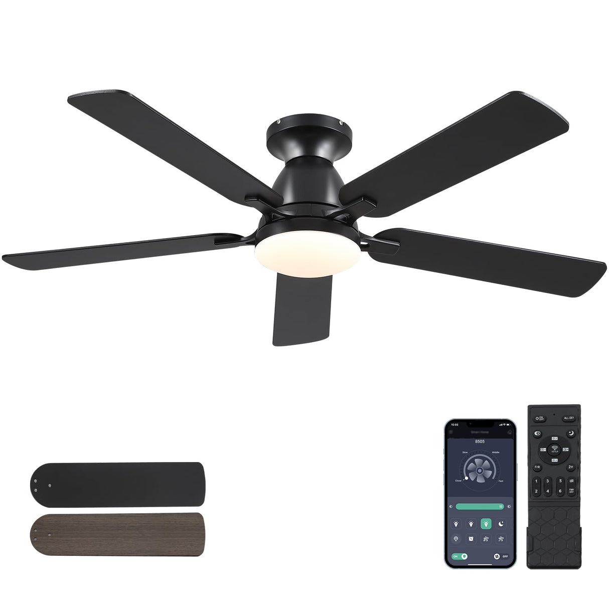 Ceiling Fans with Lights- 52" Low Profile Indoor Ceiling Fan with Light and Remote/APP Control, Flush Mount, LED Dimmable DC Reversible Modern Ceiling Fan for Bedroom(Black) Mpayel