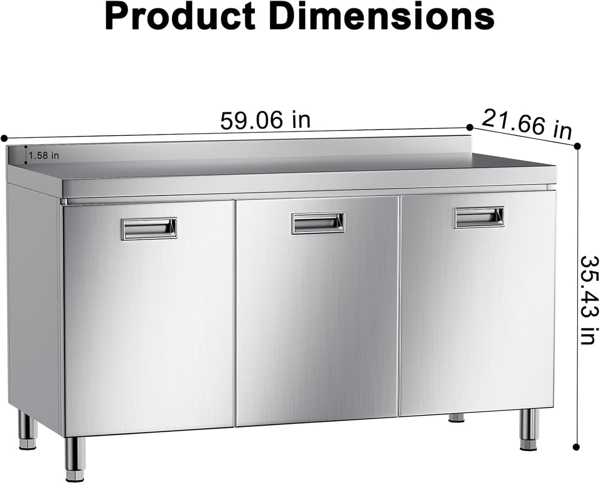 ZZV Stainless Steel Table Cabinet for Prep & Work 21 x 59 Inch, Heavy Duty Prep Table with 3 Pull-Out Doors, Commercial Workbench with Cabinet for Kitchen, Restaurant, Hotel, Garage, and Warehouse ZZV
