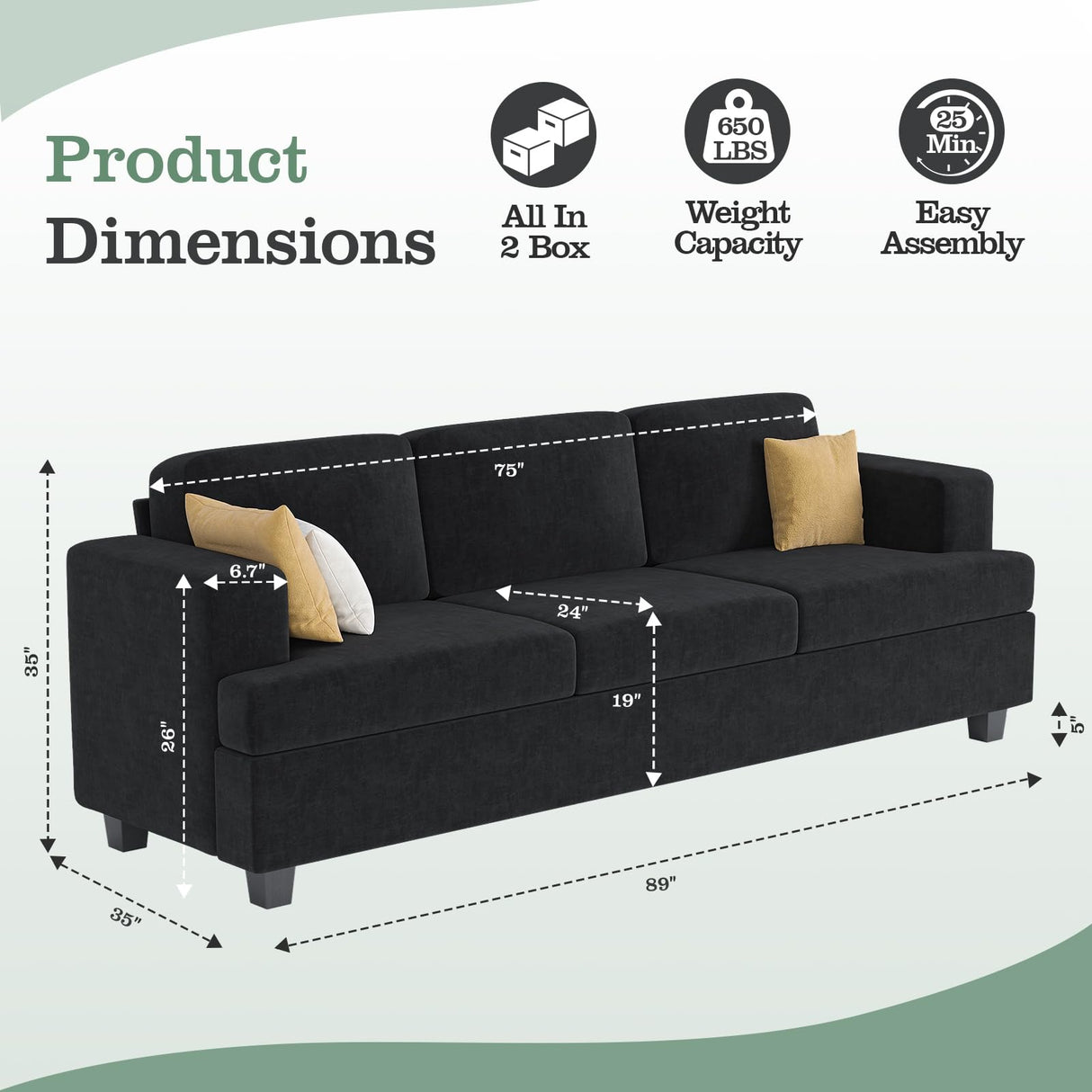 Apicizon 89" Black Couch, Comfy Couch Clound Couch 3 Seater Sofa for Living Room, Dark Grey Sofa Couch Modern Couches with Removerable Cover for Bedroom, Chenille Apicizon