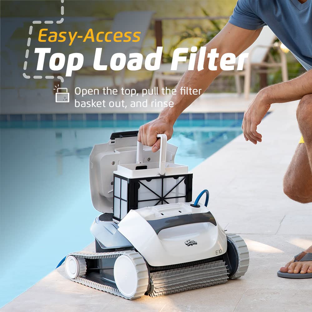 Dolphin (2025 Model) E10 Automatic Robotic Pool Vacuum Cleaner, Active Scrubber Brush, Top Load Filters Access, Ideal for Above-Ground Pools up to 30 FT in Length Dolphin