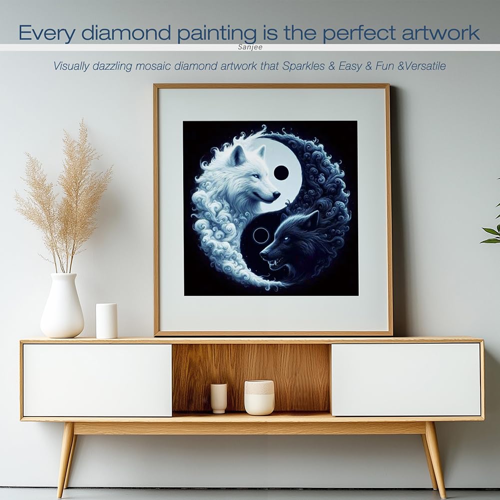 Sanjee Wolfs Diamond Art Kits for Adults, Yin-Yang Diamond Painting Kits for Beginner, 5D DIY Round Full Drill Gem Art Crafts for Home Wall Decor Gift, 12x12inch Sanjee
