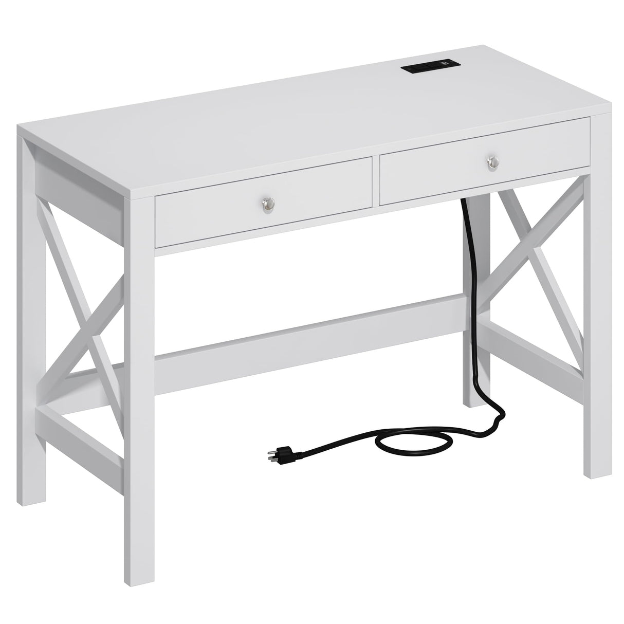 ChooChoo Computer Desk with USB Charging Ports and Power Outlets, 39" White Desk with Drawers, Small Study Writing Table with Stable X Frame for Home Office ChooChoo