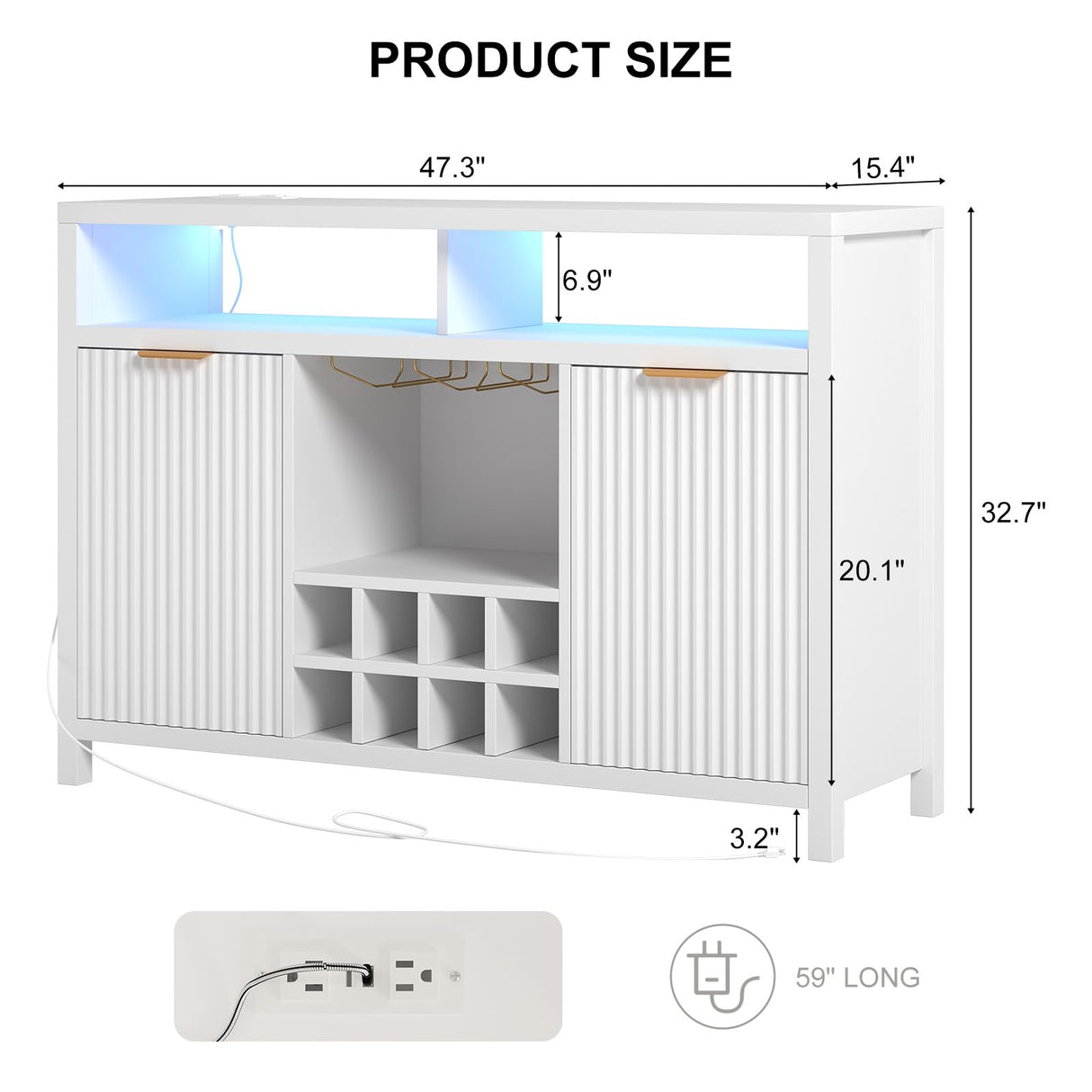 Fluted Home Bar Wine Cabinet with LED Light, Charging Station, Wine Rack - Buffet Cabinet with Storage, Coffee Bar Table, Stylish Fluted Credenza Cabinet for Modern Home Kitchen 47.2" White Svimi