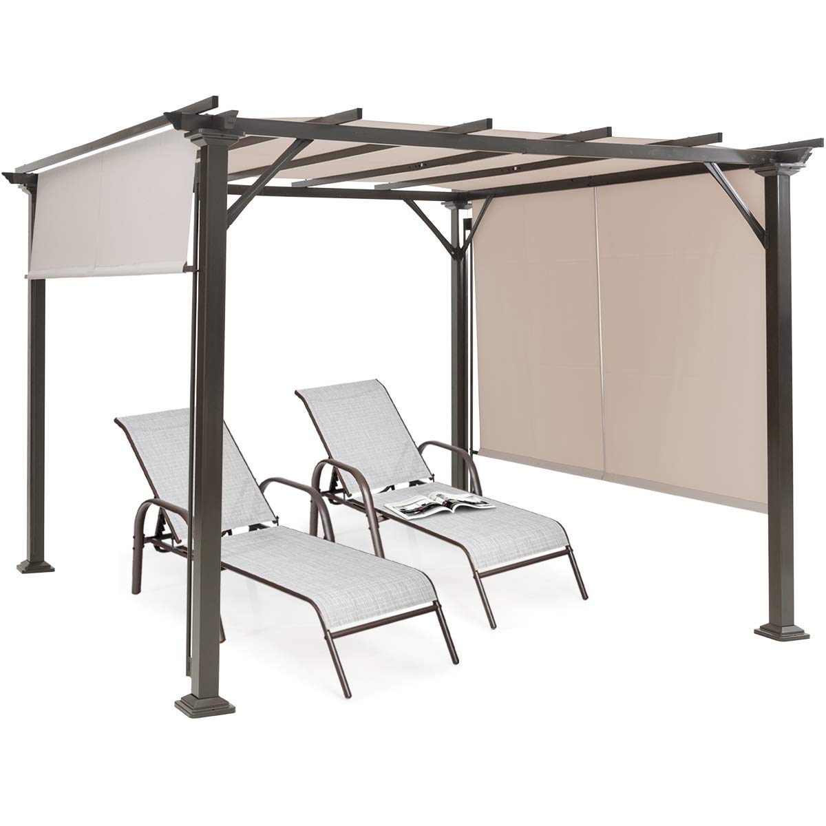 Tangkula 10 X 10FT Outdoor Pergola, Patio Furniture Shade Structure, Outdoor Steel Pergola Gazebo with Retractable Canopy Shades, Rustproof Metal Pergola for Patio, Backyard, Garden (Beige) Tangkula