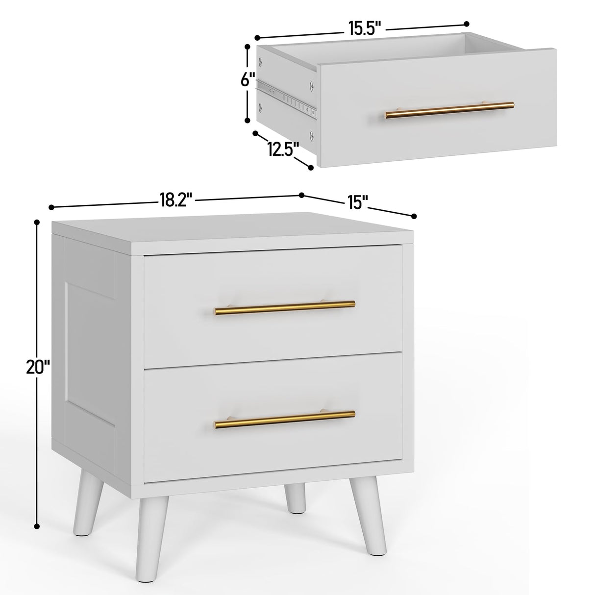 Aiho Nightstand, Bedside Table with Metal Handles, Modern Wood Night Stand 2 Drawer Dresser for Bedroom, White Nightstand Aiho