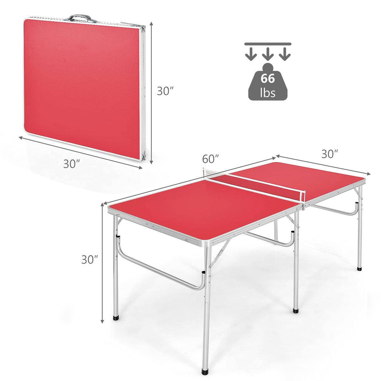 Goplus Foldable Ping Pong Table, 100% Preassembled, Portable Table Tennis Table Game Set with Net, 2 Table Tennis Paddles and Ping Pong Balls for Indoor Outdoor Use (Red-60'') Goplus