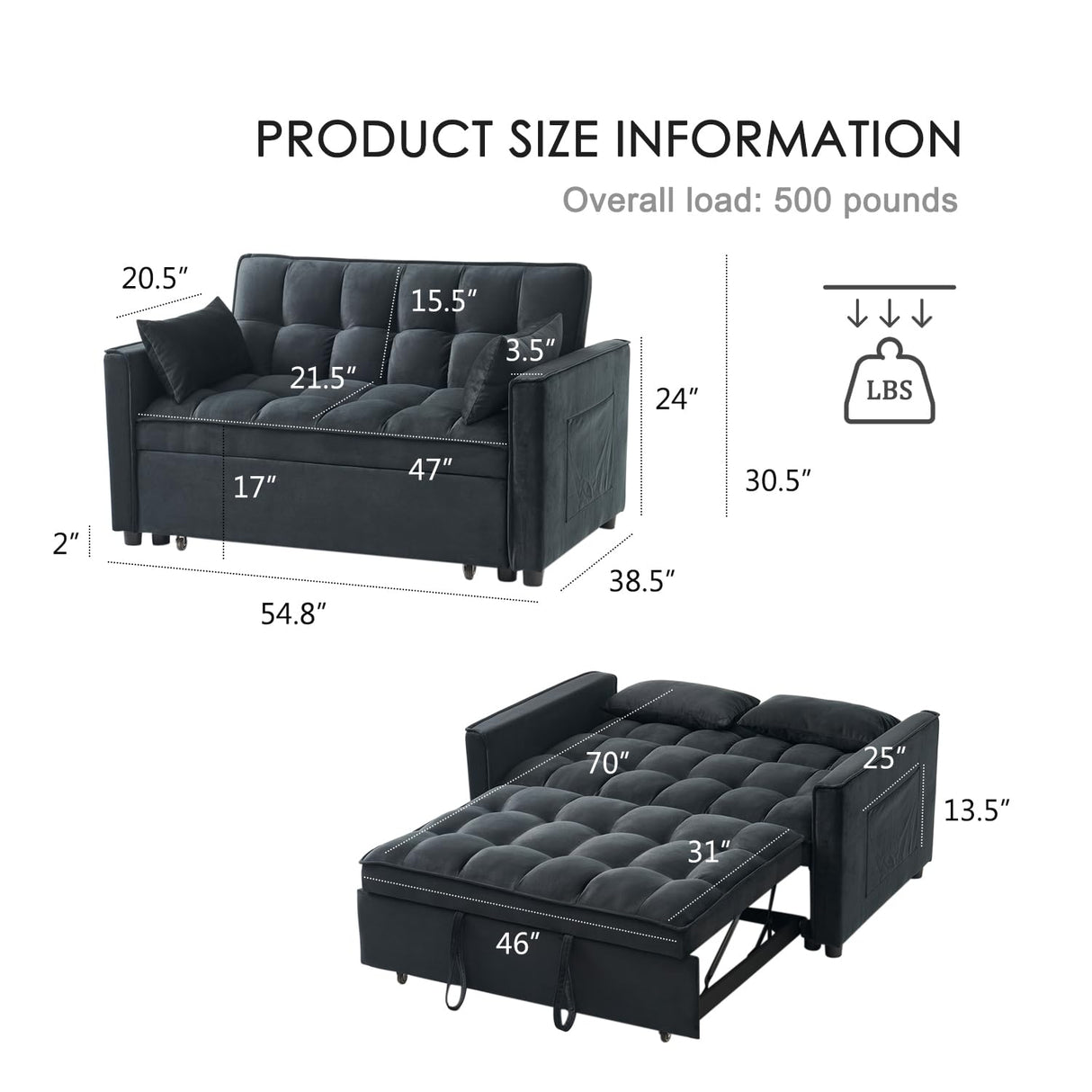 FENFSHE Futon Sofa Bed, Modern Velvet 3 in 1 Sleeper Sofa Couch Bed, Pullout Couch Bed with Adjustable Backrest, Storage Pockets and Toss Pillows for Living Room, Bedroom (Black) FENFSHE